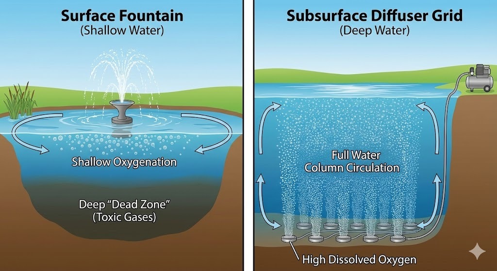 Järvien ja lampien ilmastus: Ammattimainen opas järjestelmien ja diffuusorien valintaan